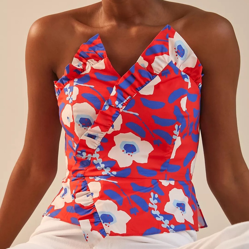 Anthropologie Red and Blue Floral Top